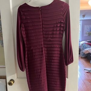 Ruby red dress, gauzy layered look. Work once